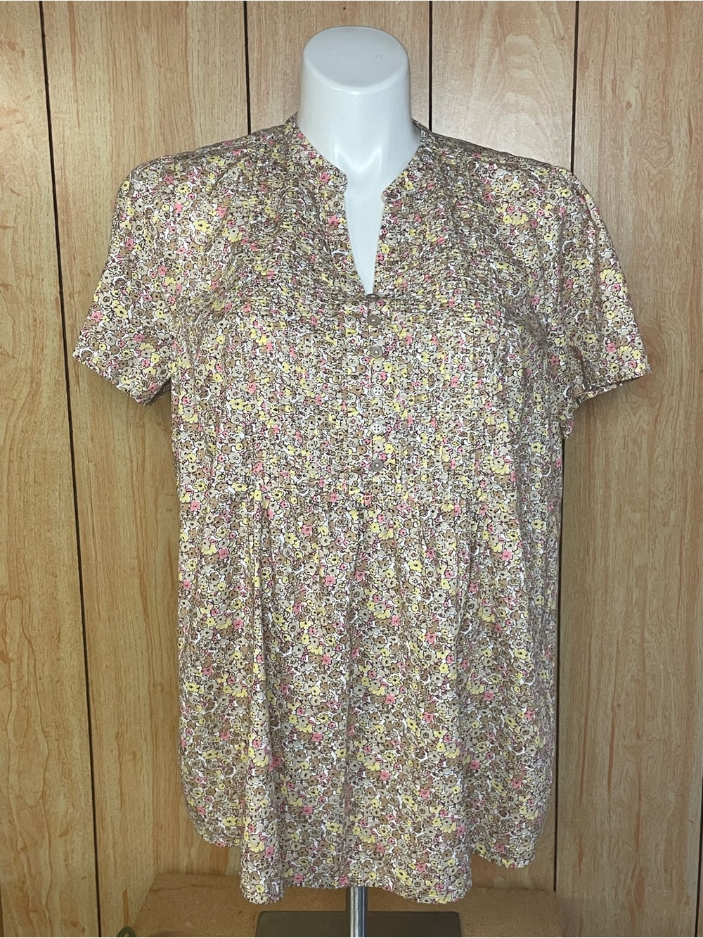 Woman Within Floral Short-Sleeve Blouse - Beige Pink Yellow SZ - 18/20W